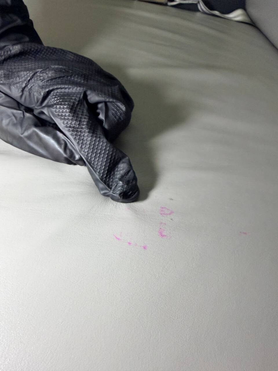 Before: lipstick stain on Challenger 350 back couch leather — prior removal attempts by other teams were unsuccessful
