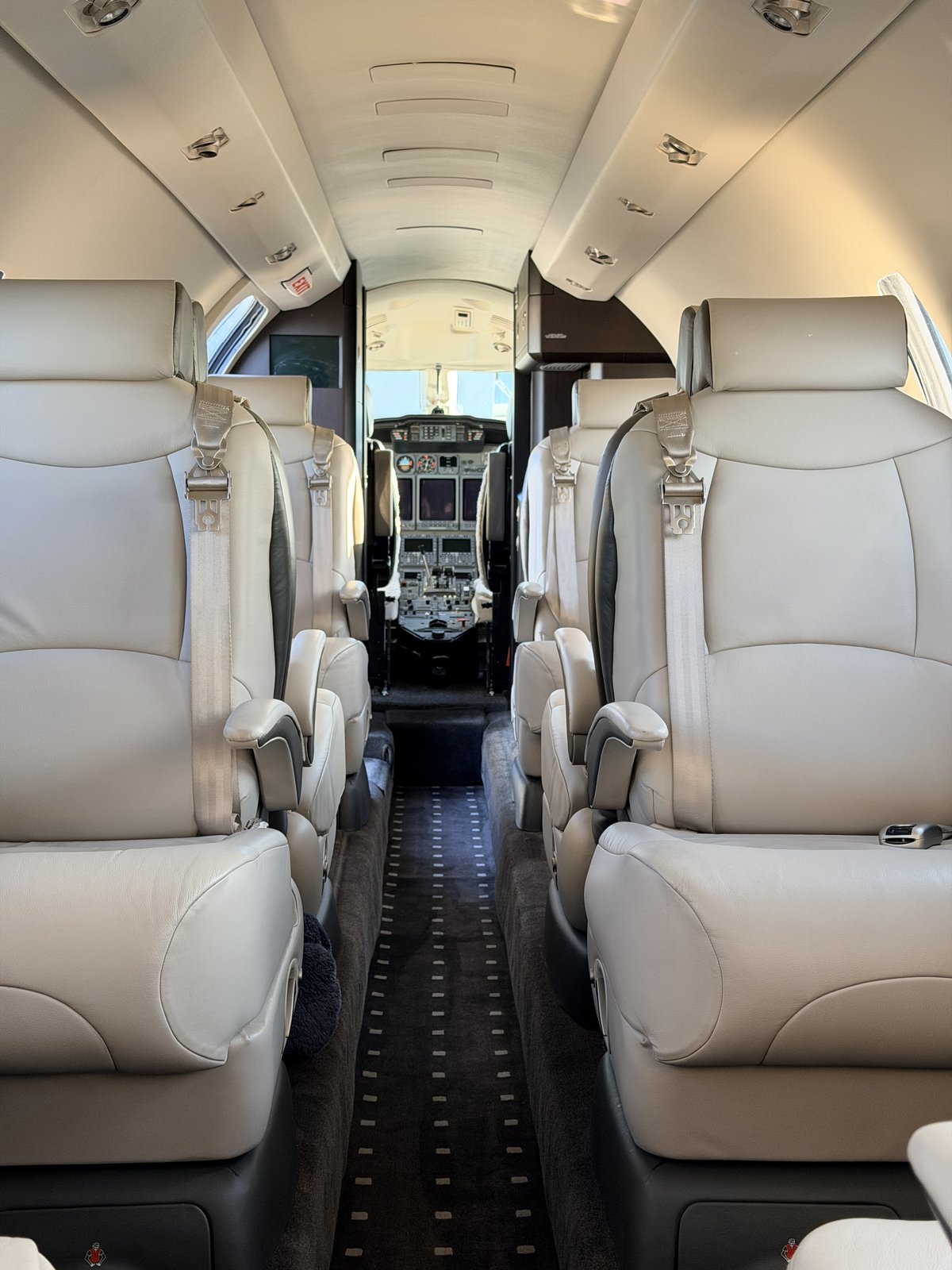 Cessna Citation X cabin leather seating and aisle after The Polished Hare interior detail at Kalamazoo (AZO)