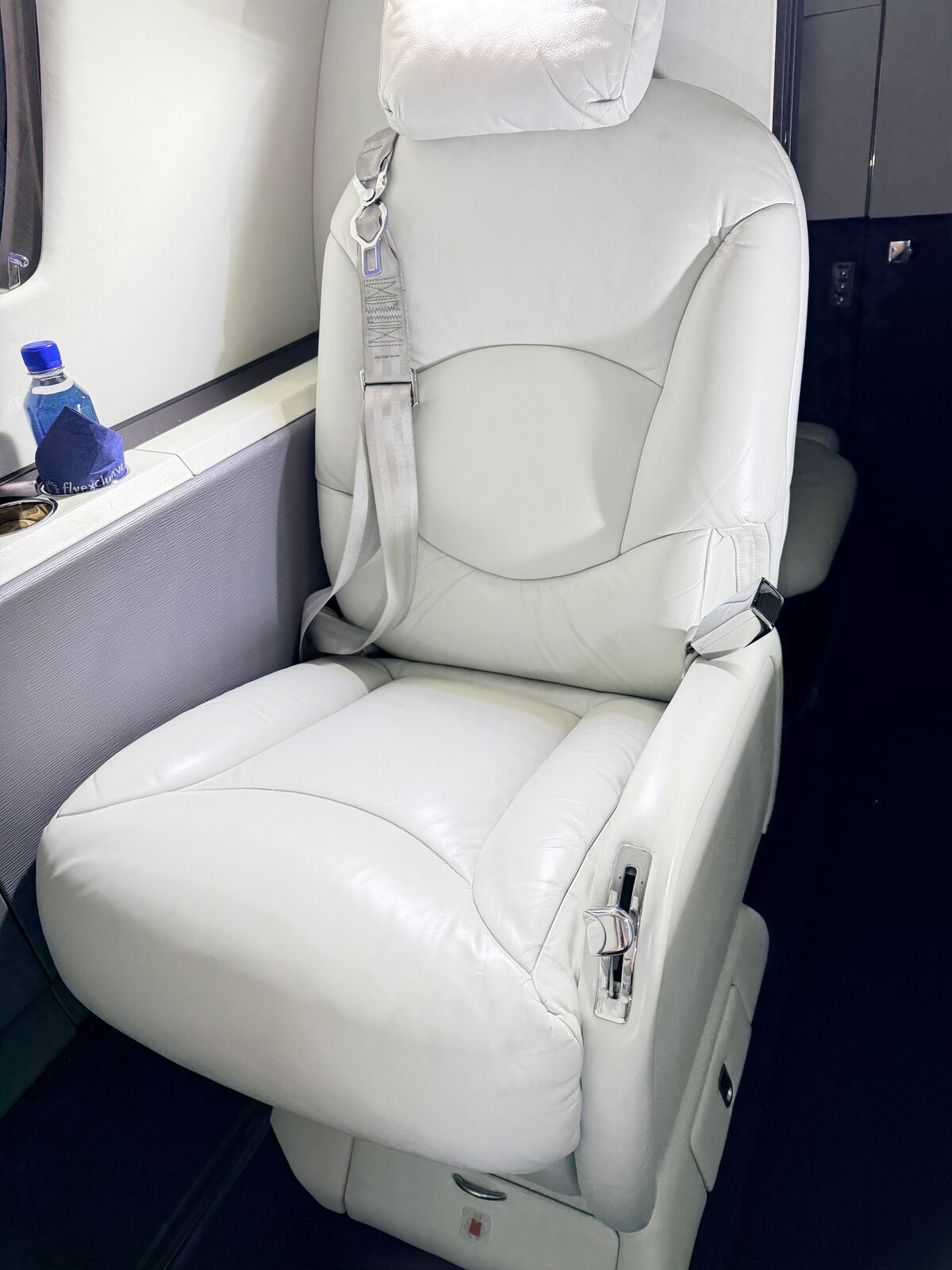 Private jet white leather passenger seat pair with armrest detail and seatbelt presentation after interior cleaning