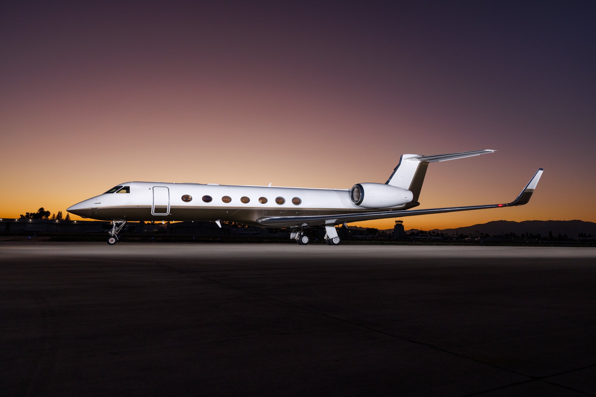 Freshly polished private jet exterior on ramp ready for pre-sale showing in Chicago